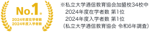 ※私立大学通信教育協会加盟校34校中 2023年度在学者数 第1位 2023年度入学者数 第1位（私立大学通信教育協会 令和5年調査）